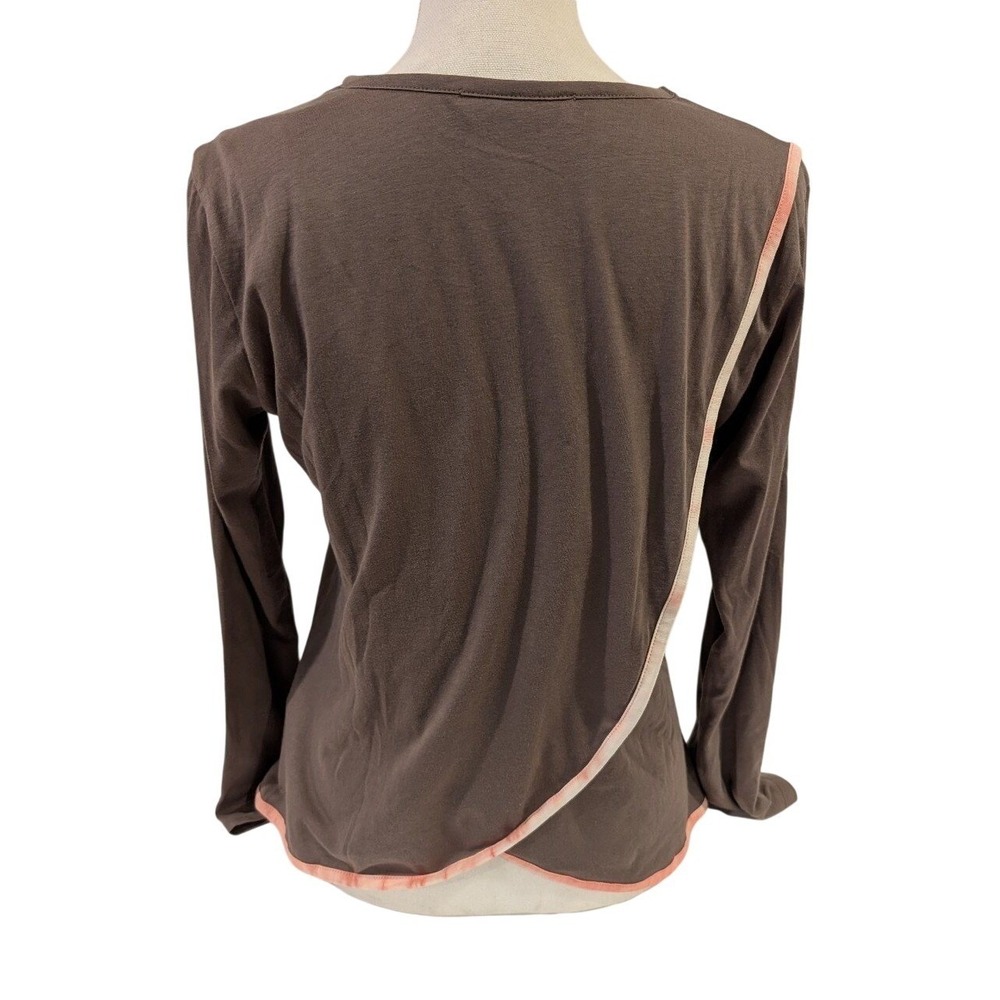 Leena & Lu Long Sleeve Organic Cotton XS Split Back Top Brown Peach Trim Peru